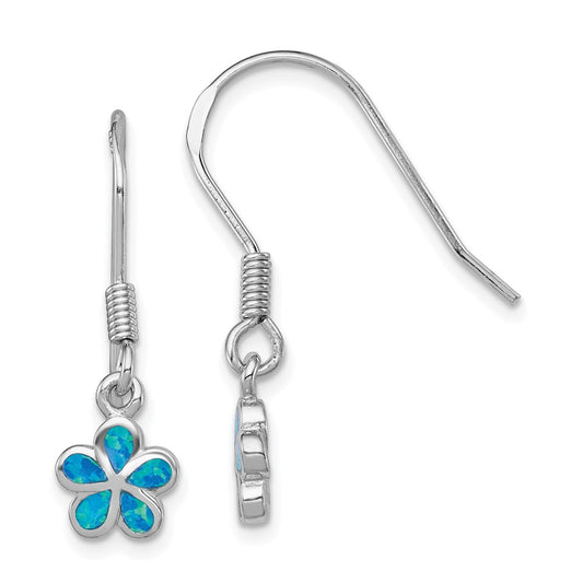 Sterling Silver Created Blue Opal Inlay Flower Dangle Earrings