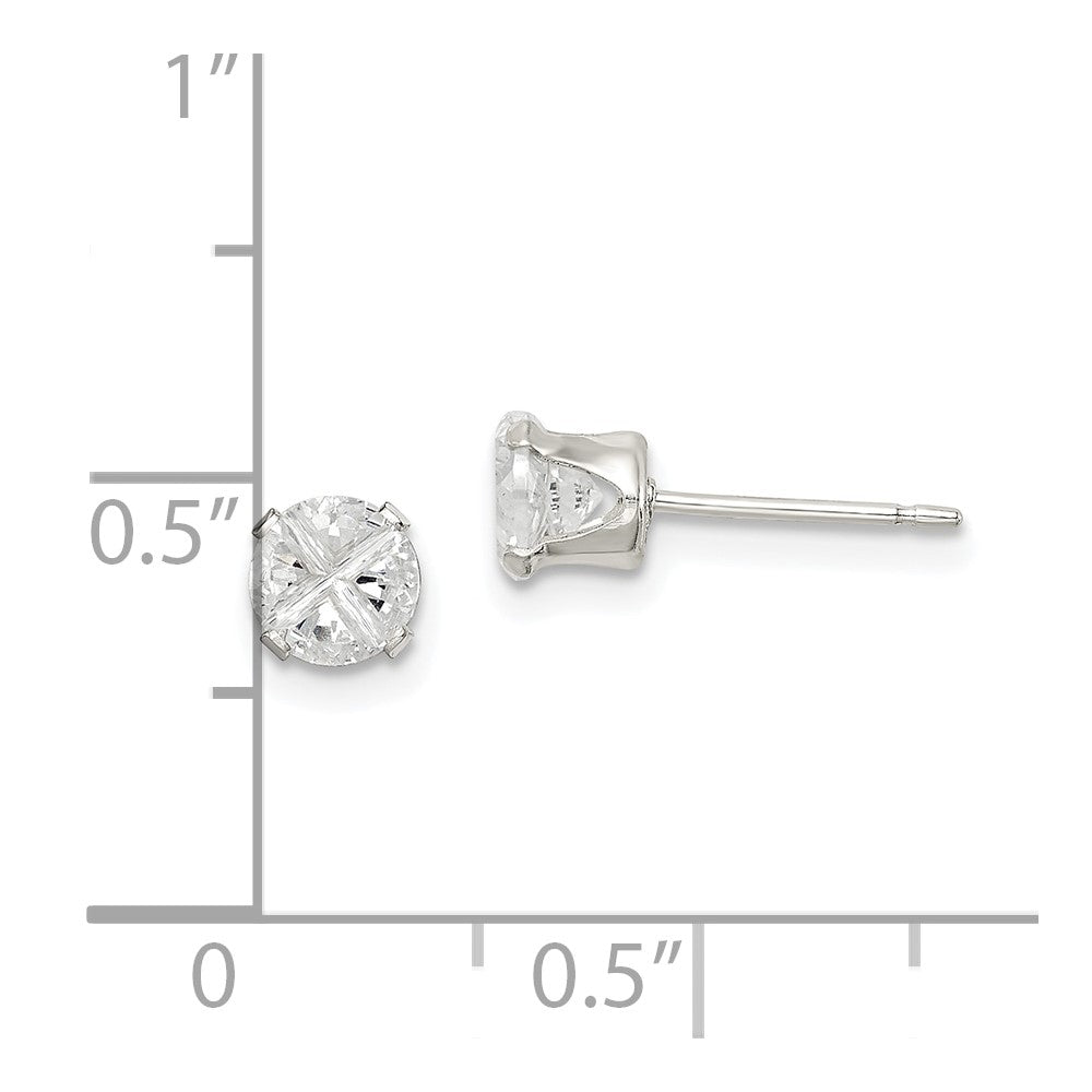 Sterling Silver 4.5mm Round Snap Set Cross-cut CZ Stud Earrings