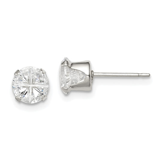 Sterling Silver 6mm Round Snap Set Cross-cut CZ Stud Earrings