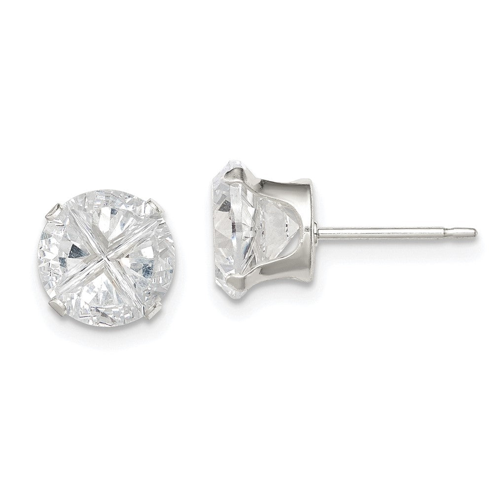 Sterling Silver 8mm Round Snap Set Cross-cut CZ Stud Earrings