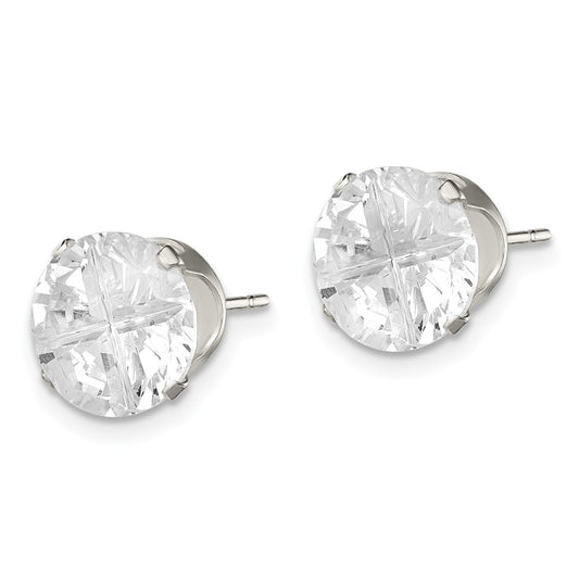 Sterling Silver 9mm Round Snap Set Cross-cut CZ Stud Earrings