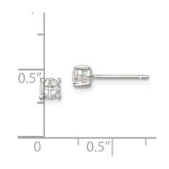 Sterling Silver 4mm Round Basket Set Cross-cut CZ Stud Earrings