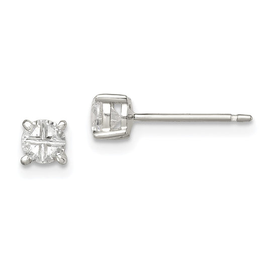 Sterling Silver 4mm Round Basket Set Cross-cut CZ Stud Earrings