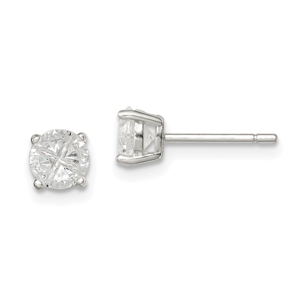 Sterling Silver 5mm Round Basket Set Cross-cut CZ Stud Earrings