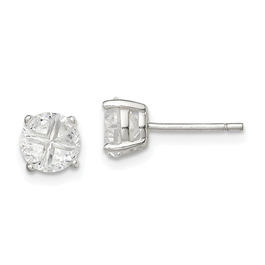 Sterling Silver 6mm Round Basket Set Cross-cut CZ Stud Earrings