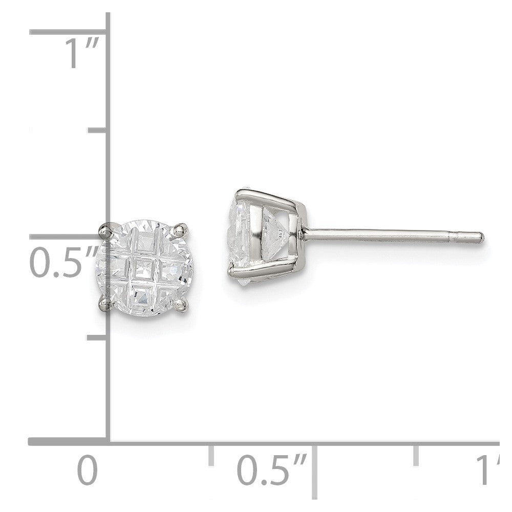 Sterling Silver 6mm Round Basket Set Laser-cut CZ Stud Earrings