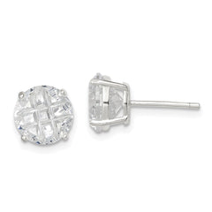 Sterling Silver 8mm Round Basket Set Laser-cut CZ Stud Earrings