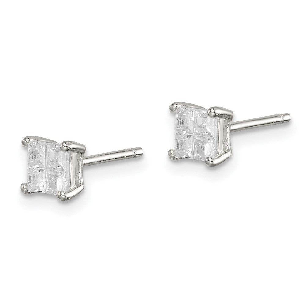 Sterling Silver 4mm Square Cross-cut CZ Basket Set Stud Earrings