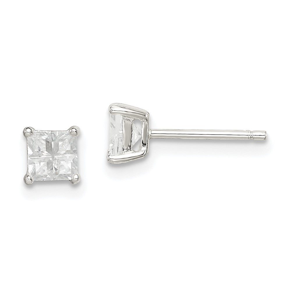 Sterling Silver 4mm Square Cross-cut CZ Basket Set Stud Earrings