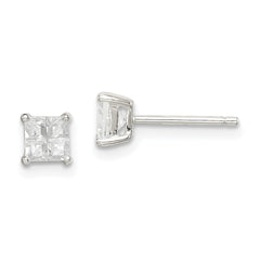 Sterling Silver 4mm Square Cross-cut CZ Basket Set Stud Earrings