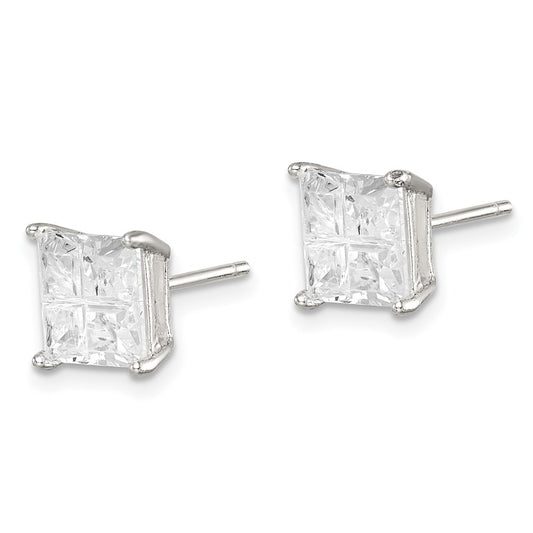 Sterling Silver 7mm Square Cross-cut CZ Basket Set Stud Earrings