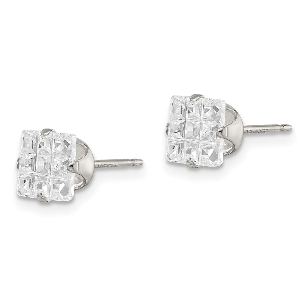 Sterling Silver 6mm Square Snap Set Laser-cut CZ Stud Earrings