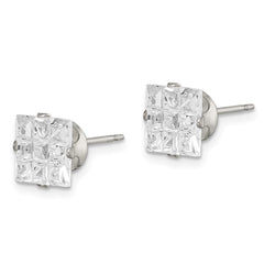 Sterling Silver 7mm Square Snap Set Laser-cut CZ Stud Earrings