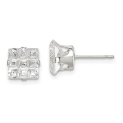 Sterling Silver 7mm Square Snap Set Laser-cut CZ Stud Earrings