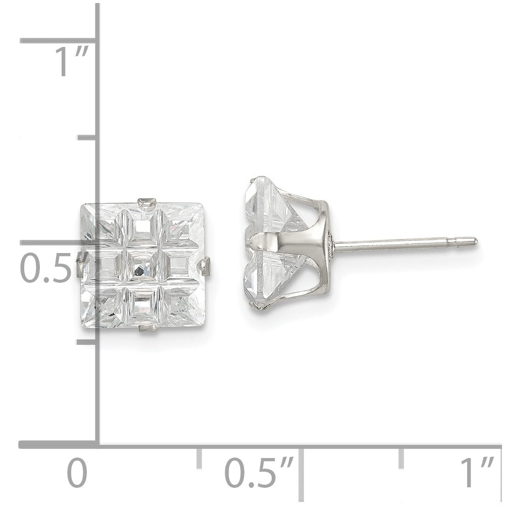 Sterling Silver 8mm Square Snap Set Laser-cut CZ Stud Earrings