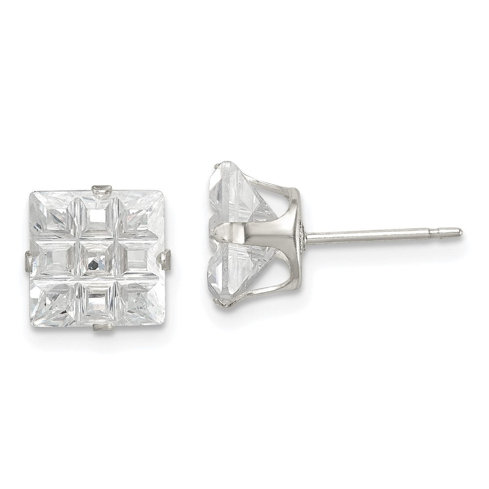 Sterling Silver 8mm Square Snap Set Laser-cut CZ Stud Earrings