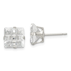 Sterling Silver 8mm Square Snap Set Laser-cut CZ Stud Earrings