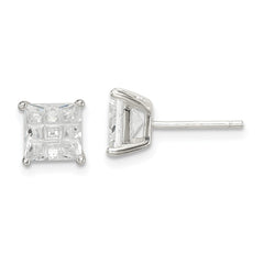 Sterling Silver 6mm Square Laser-cut CZ Basket Set Stud Earrings