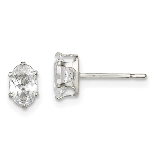 Sterling Silver 6x4 Oval Snap Set CZ Stud Earrings