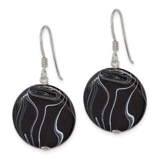 Sterling Silver Black Agate Dangle Disc Earrings