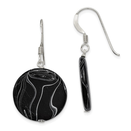 Sterling Silver Black Agate Dangle Disc Earrings