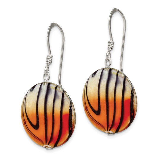 Sterling Silver Mother of Pearl Orange and Black Disc Earrings