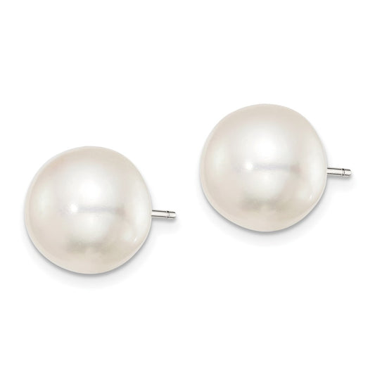 Rhodium-plated Silver 11-12mm White FWC Button Pearl Earrings