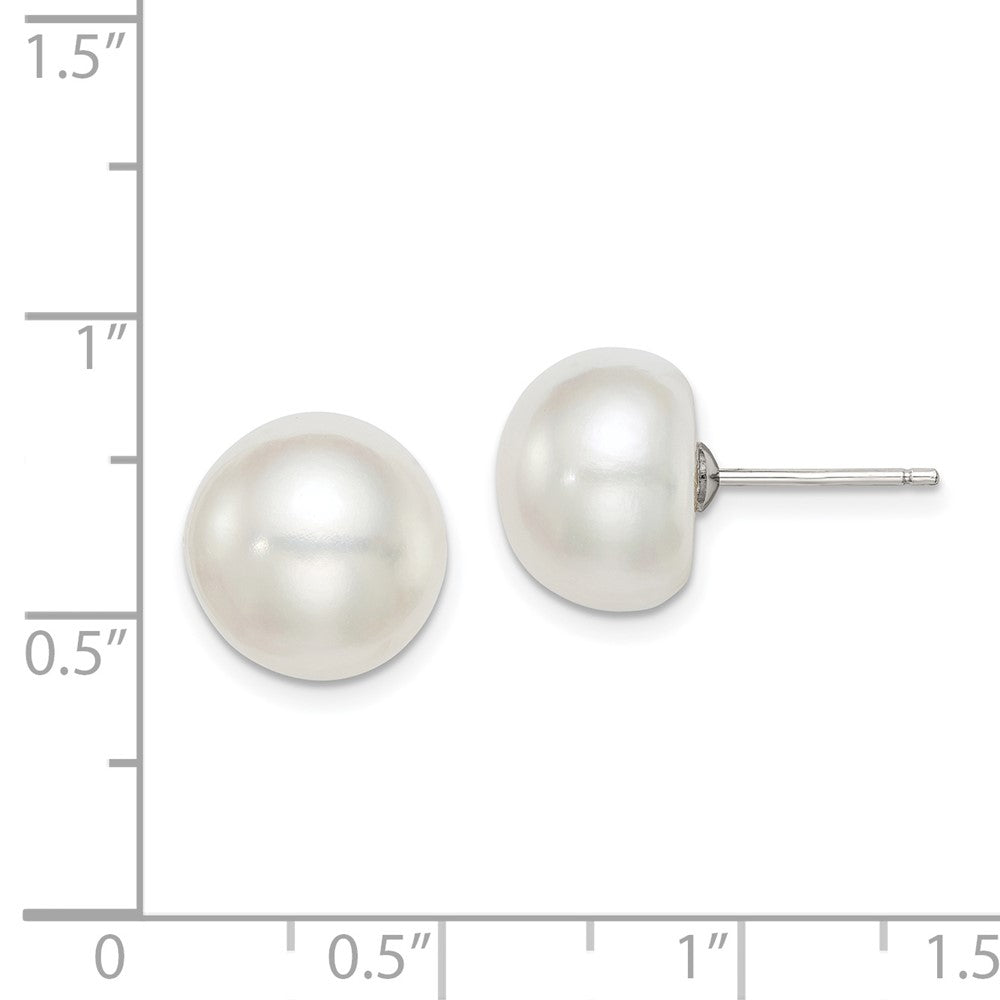 Rhodium-plated Silver 11-12mm White FWC Button Pearl Earrings