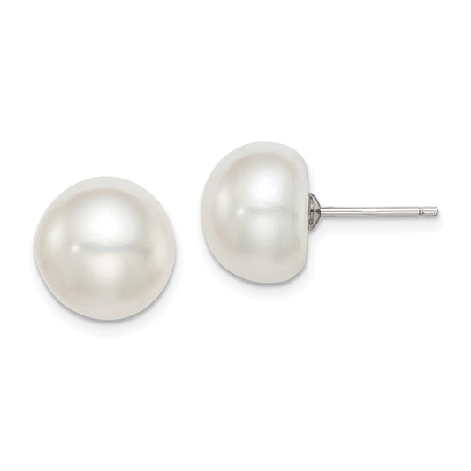 Rhodium-plated Silver 11-12mm White FWC Button Pearl Earrings