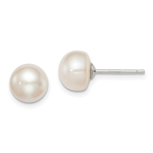 Rhodium-plated Silver 8-9mm White FWC Button Pearl Stud Earrings