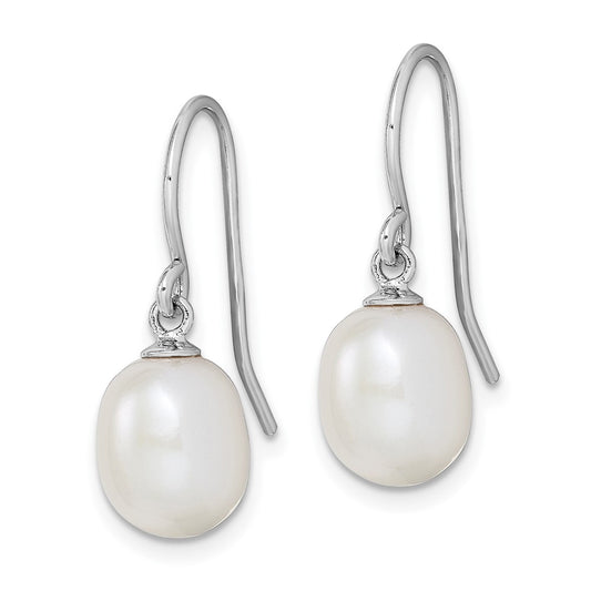 Rhodium-plated Sterling Silver White 8-9mm Drop FWC Pearl Dangle Earrings