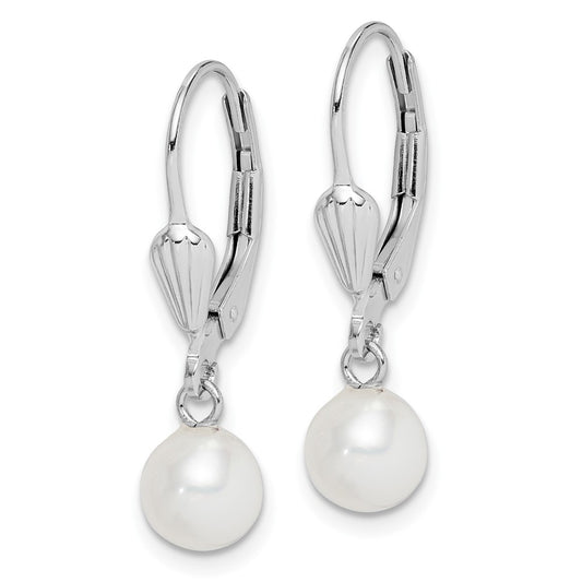 Rhodium-plated Sterling Silver 6-7mm White FWC Pearl Leverback Earrings