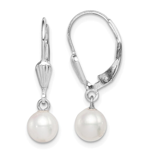 Rhodium-plated Sterling Silver 6-7mm White FWC Pearl Leverback Earrings