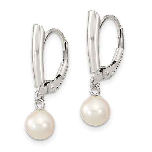 Rhodium-plated Sterling Silver 6-7mm White FWC Pearl Leverback Earrings