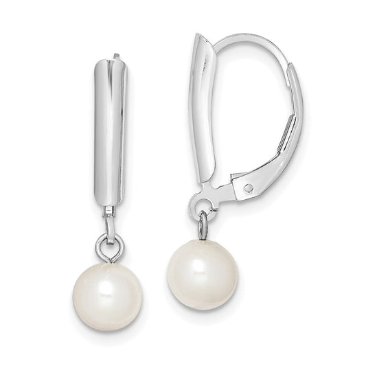 Rhodium-plated Sterling Silver 6-7mm White FWC Pearl Leverback Earrings