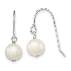 Rhodium-plated Sterling Silver White 7-8mm FWC Pearl Dangle Earrings