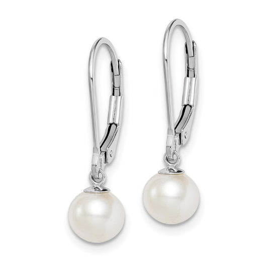 Rhodium-plated Sterling Silver 6-7mm White FWC Pearl Leverback Earrings