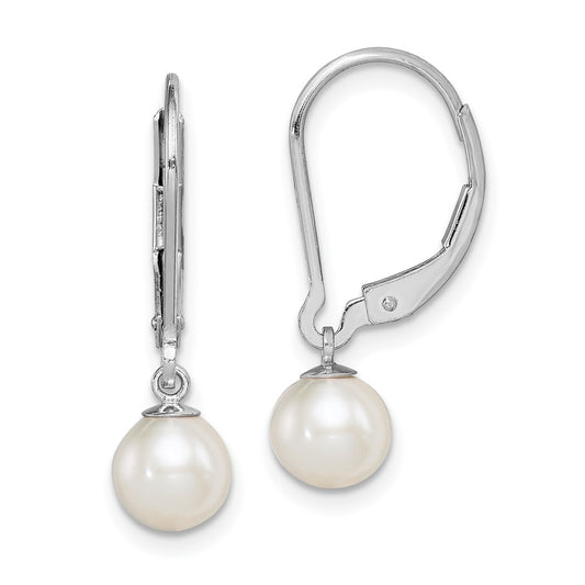 Rhodium-plated Sterling Silver 6-7mm White FWC Pearl Leverback Earrings