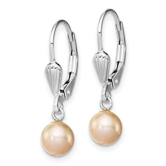 Rhodium-plated Sterling Silver 6-7mm Pink FWC Pearl Leverback Earrings