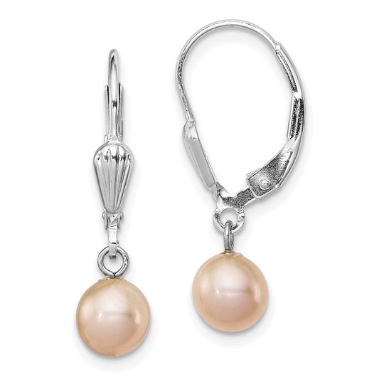 Rhodium-plated Sterling Silver 6-7mm Pink FWC Pearl Leverback Earrings