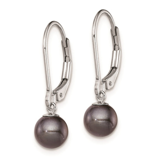 Rhodium-plated Sterling Silver 6-7mm Black FWC Pearl Leverback Earrings