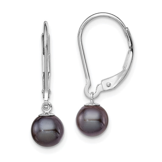 Rhodium-plated Sterling Silver 6-7mm Black FWC Pearl Leverback Earrings