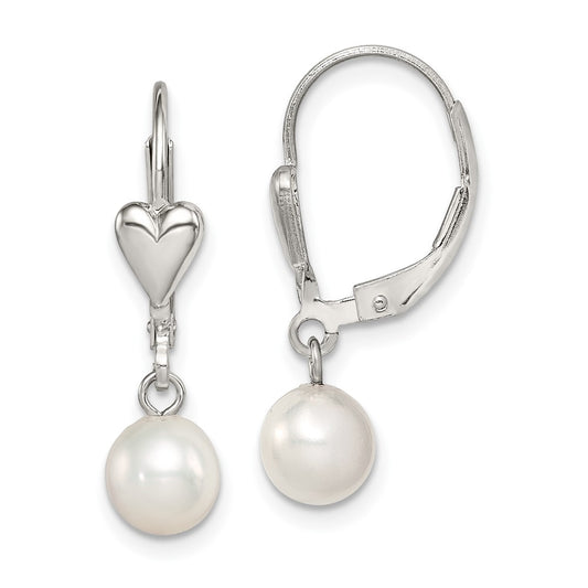 Rhodium-plated Sterling Silver 6-7mm White FWC Pearl Leverback Earrings