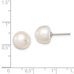 Rhodium-plated Silver 10-11mm White FWC Button Pearl Earrings