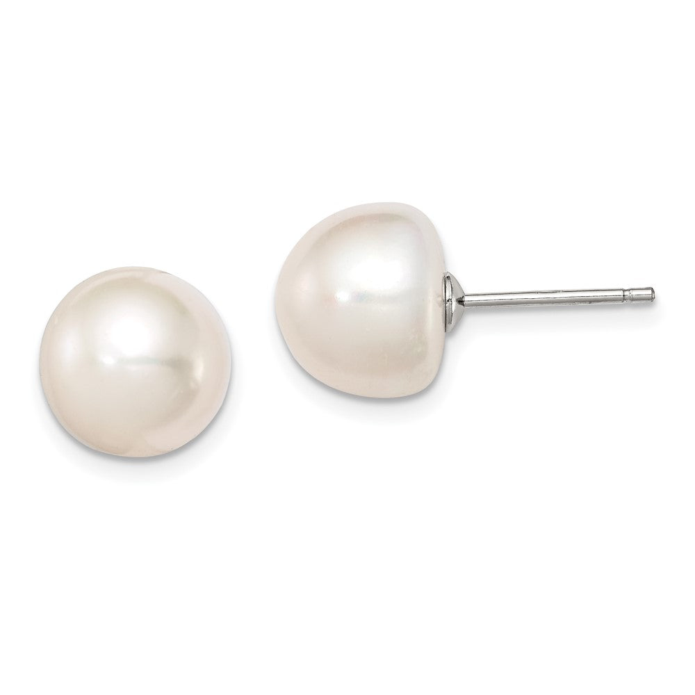 Rhodium-plated Silver 10-11mm White FWC Button Pearl Earrings