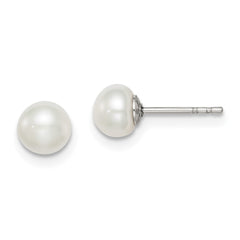 Rhodium-plated Silver 5-6mm White FWC Button Pearl Stud Earrings