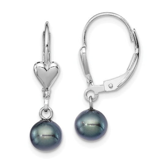 Rhodium-plated Sterling Silver 6-7mm Black FWC Pearl Leverback Earrings