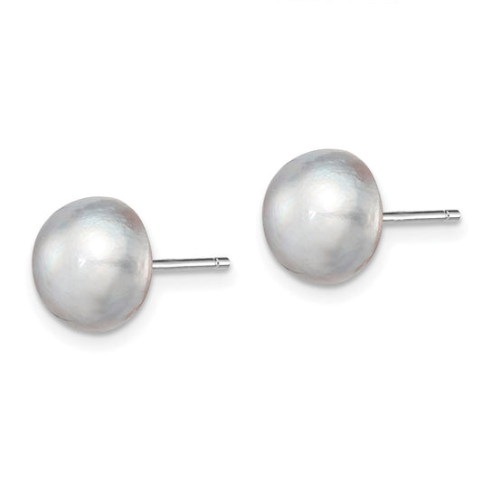 Rhodium-plated Silver 8-9mm Grey FWC Button Pearl Stud Earrings