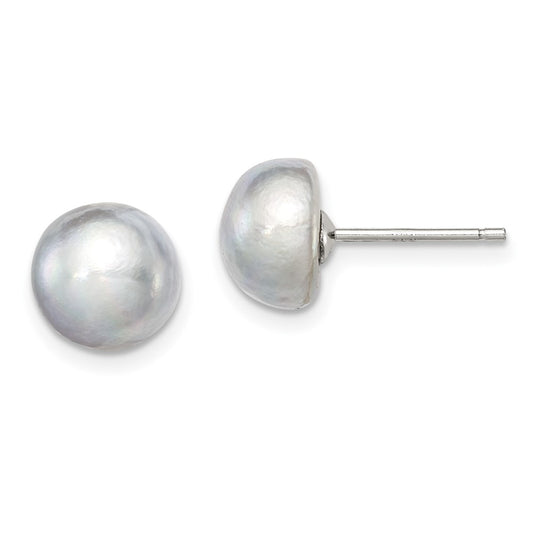 Rhodium-plated Silver 8-9mm Grey FWC Button Pearl Stud Earrings