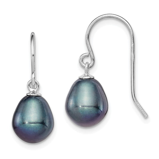 Rhodium-plated Sterling Silver 8-9mm Black FWC Pearl Dangle Earrings